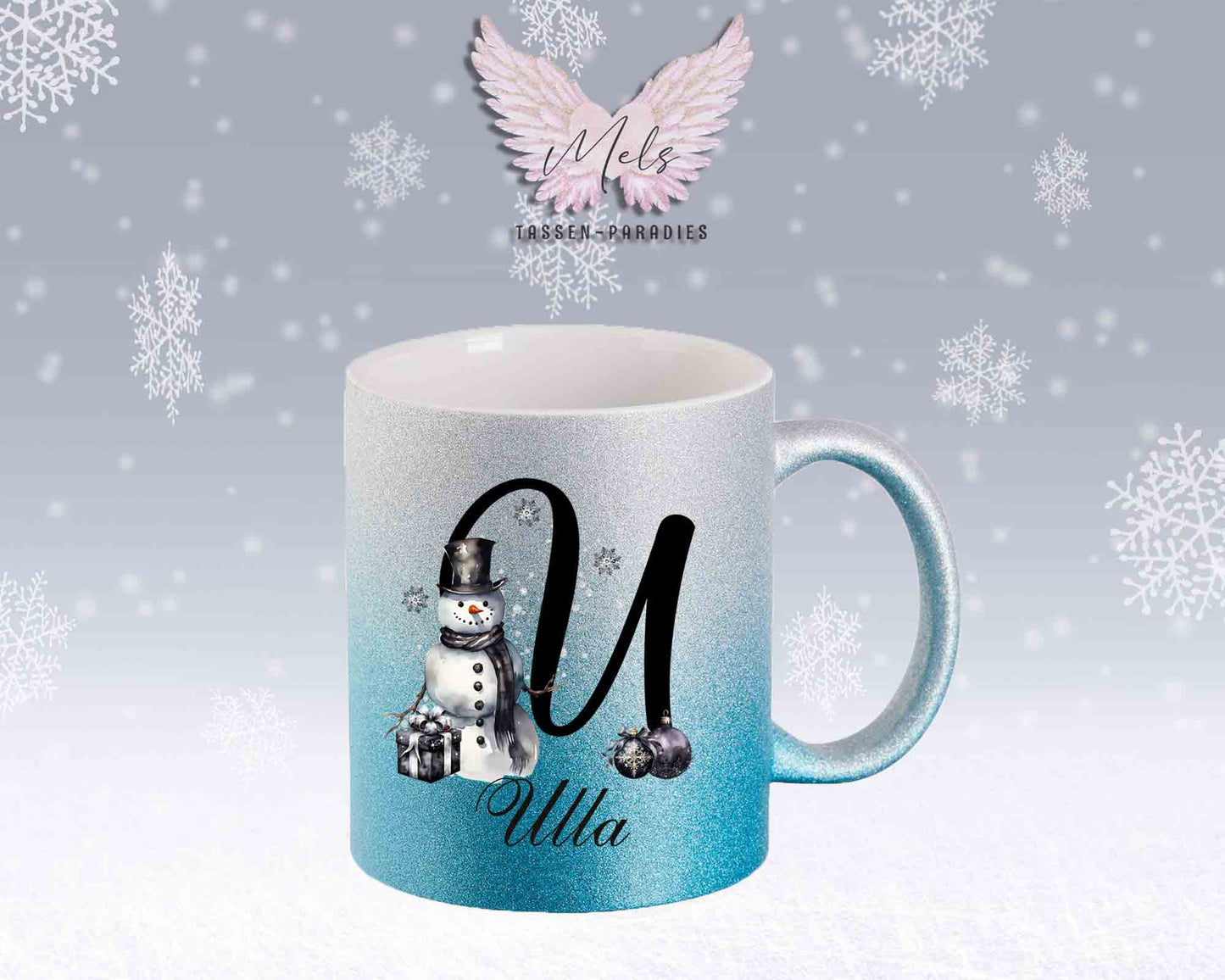 Schneemann Black-Alphabet mit Name - Personalisierte Glitter-Tasse SilberBlau