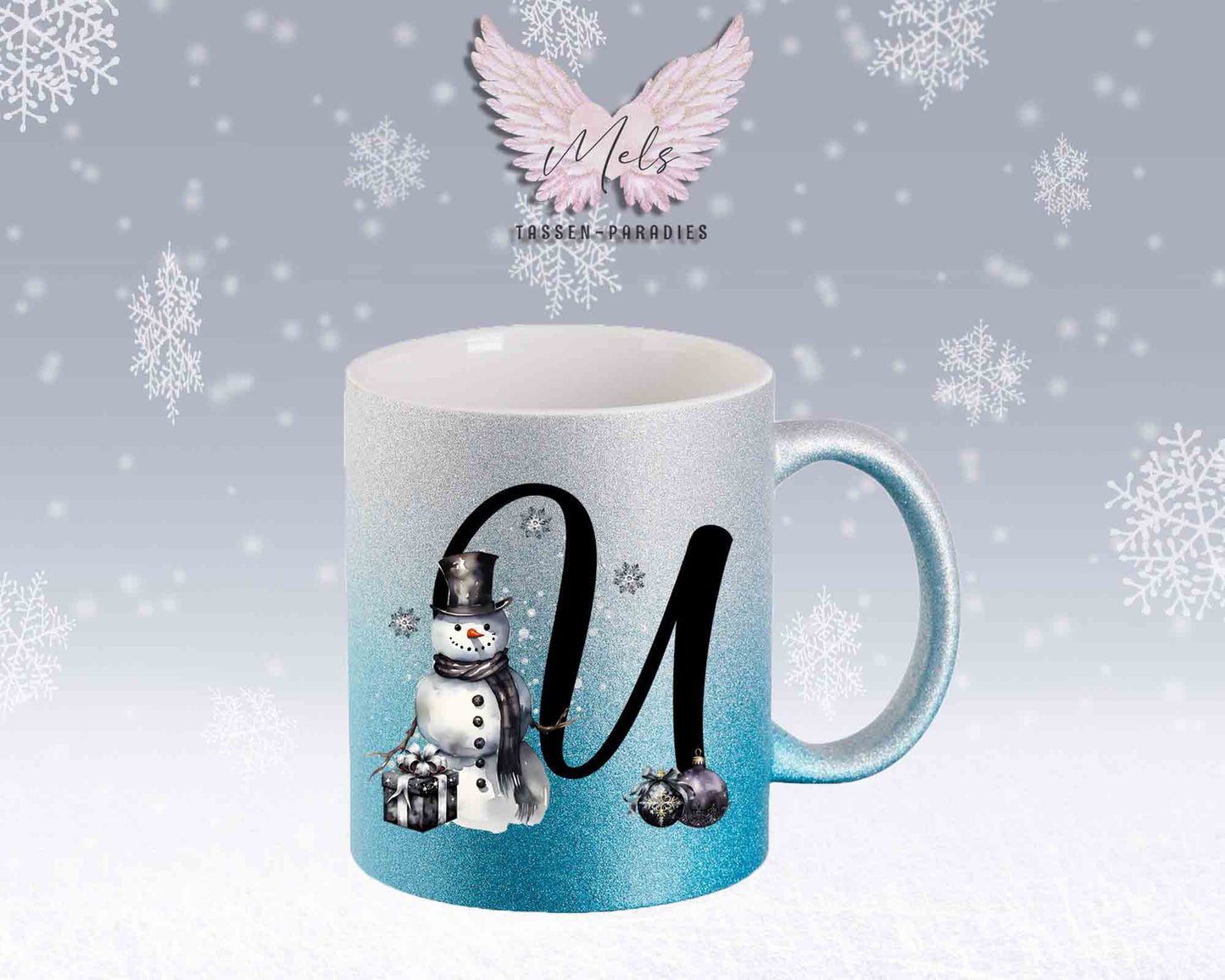 Schneemann Black-Alphabet mit Name - Personalisierte Glitter-Tasse SilberBlau