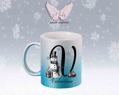 Schneemann Black-Alphabet mit Name - Personalisierte Glitter-Tasse SilberBlau