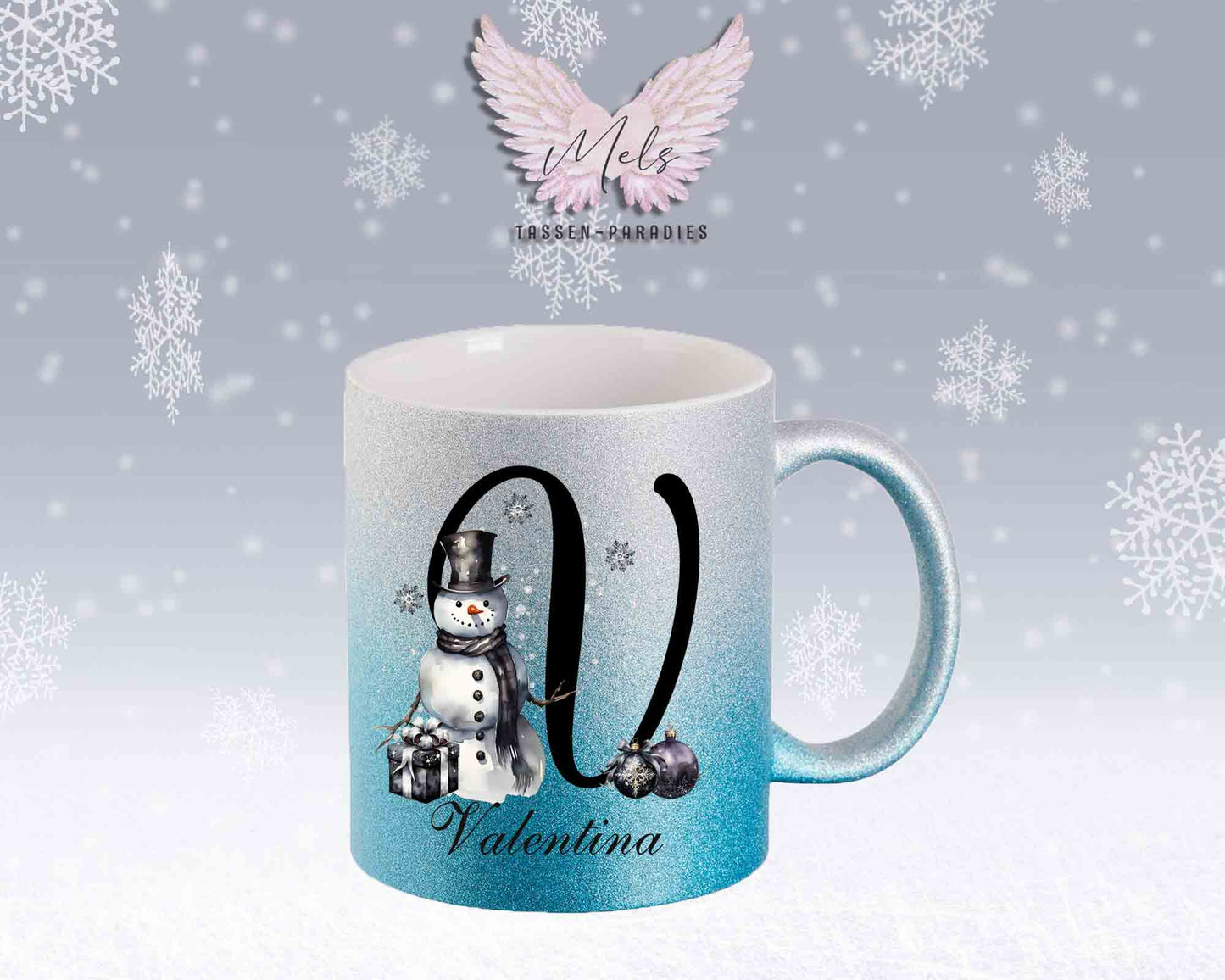 Schneemann Black-Alphabet mit Name - Personalisierte Glitter-Tasse SilberBlau