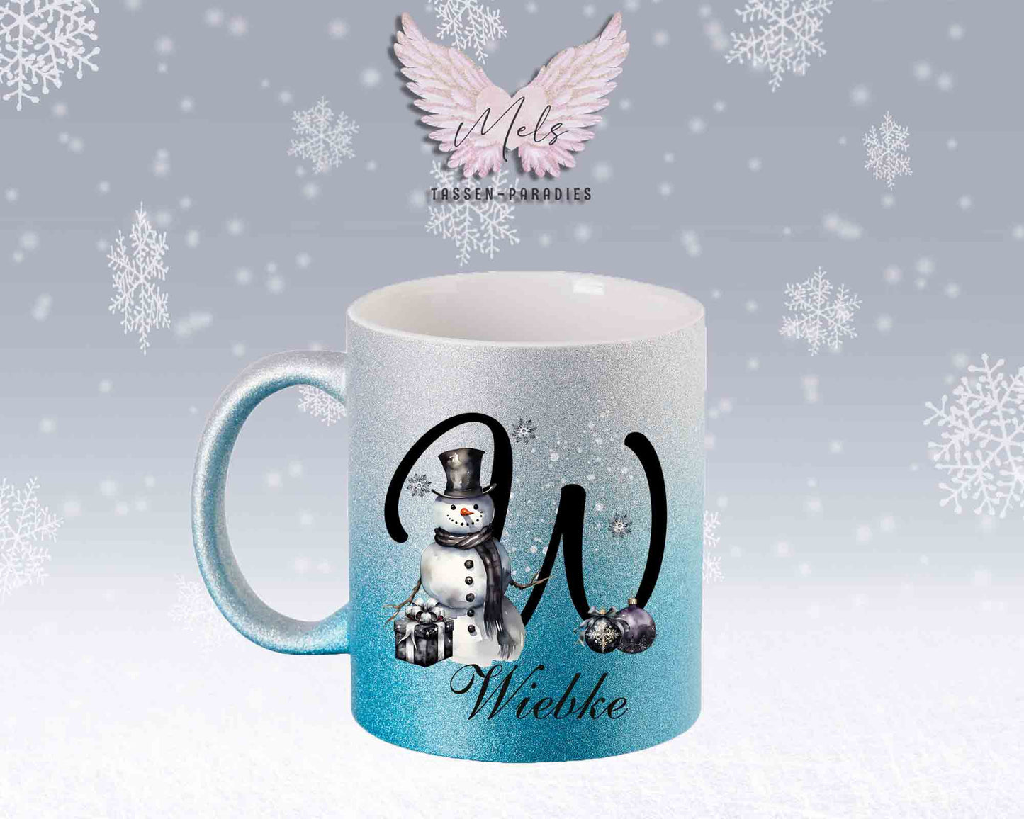 Schneemann Black-Alphabet mit Name - Personalisierte Glitter-Tasse SilberBlau