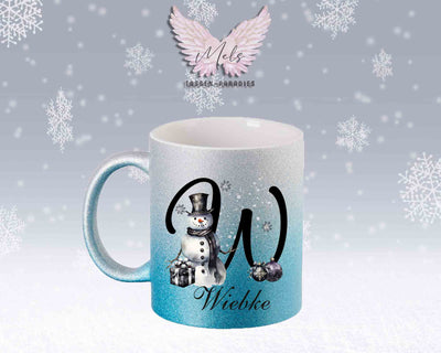 Schneemann Black-Alphabet mit Name - Personalisierte Glitter-Tasse SilberBlau
