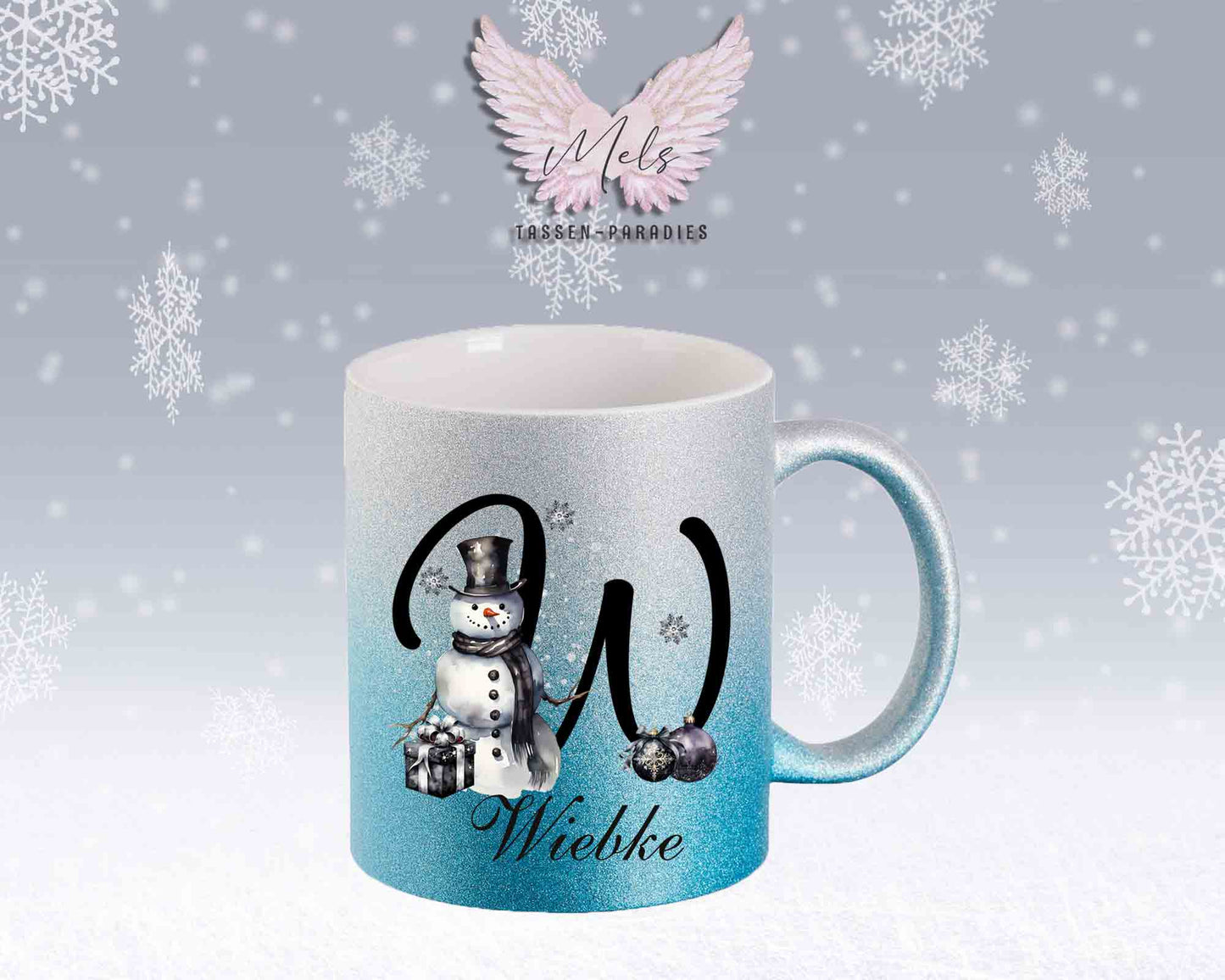 Schneemann Black-Alphabet mit Name - Personalisierte Glitter-Tasse SilberBlau