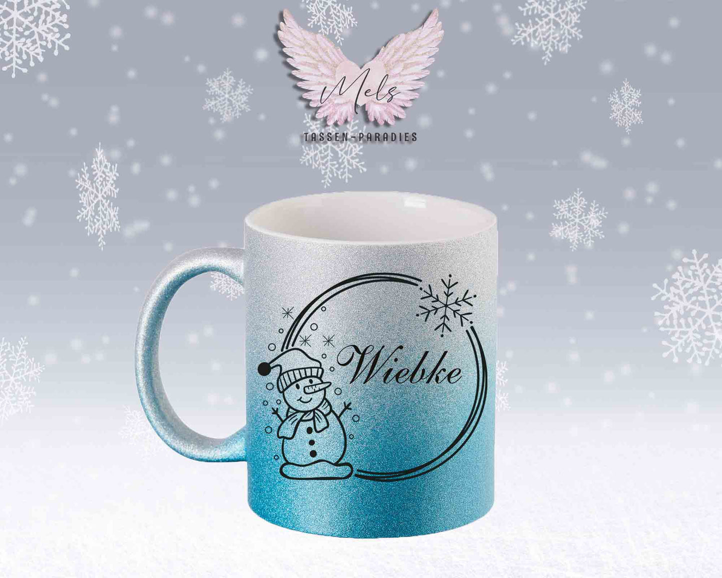 Schneemann Black-Alphabet mit Name - Personalisierte Glitter-Tasse SilberBlau