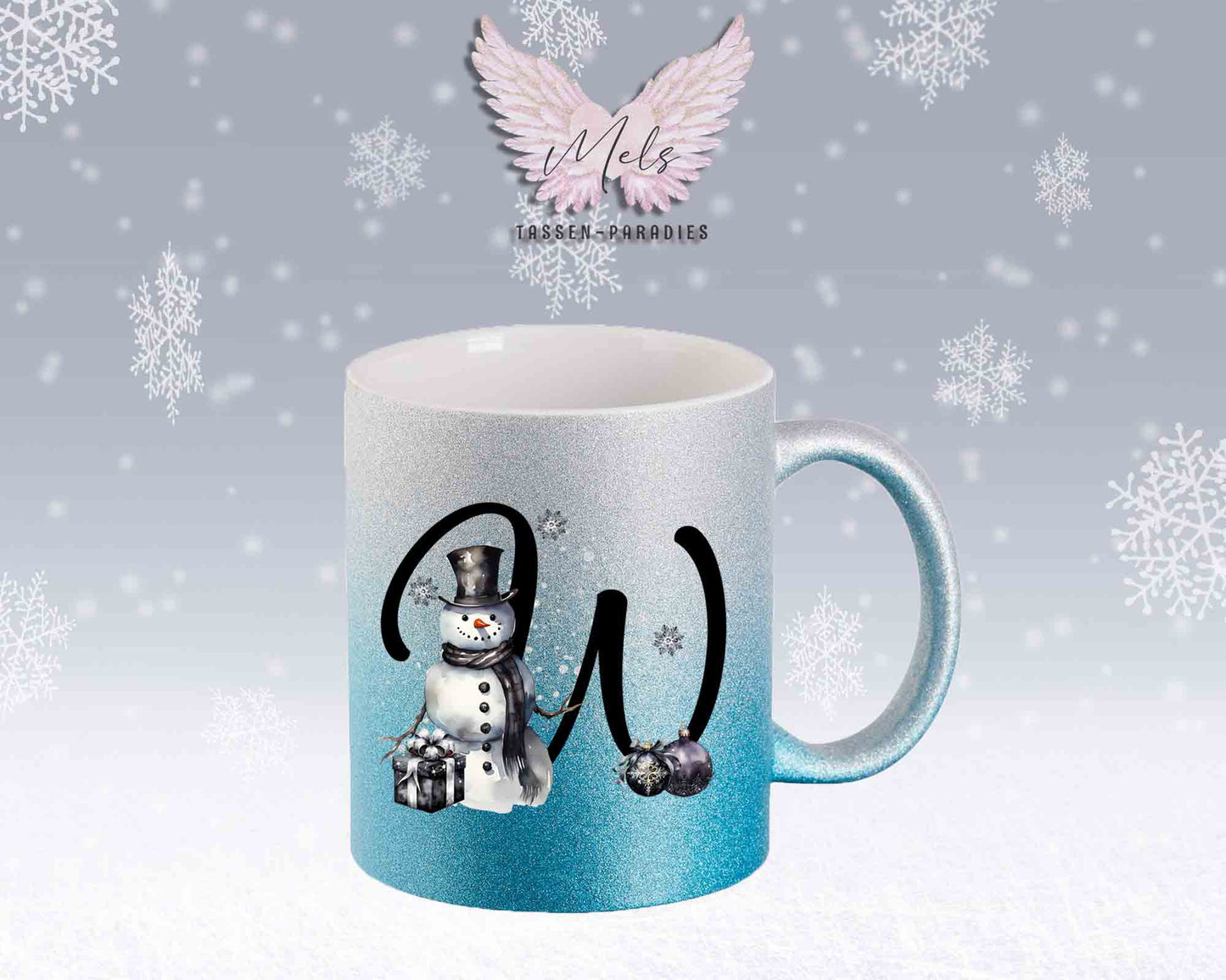 Schneemann Black-Alphabet mit Name - Personalisierte Glitter-Tasse SilberBlau