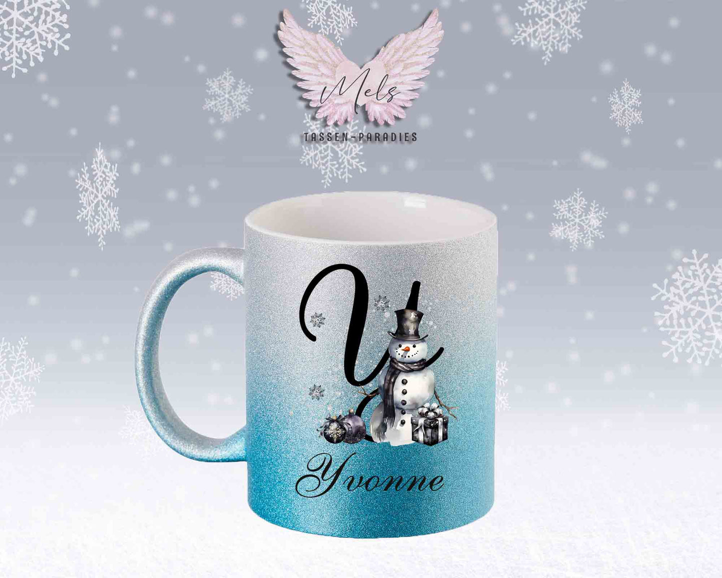 Schneemann Black-Alphabet mit Name - Personalisierte Glitter-Tasse SilberBlau