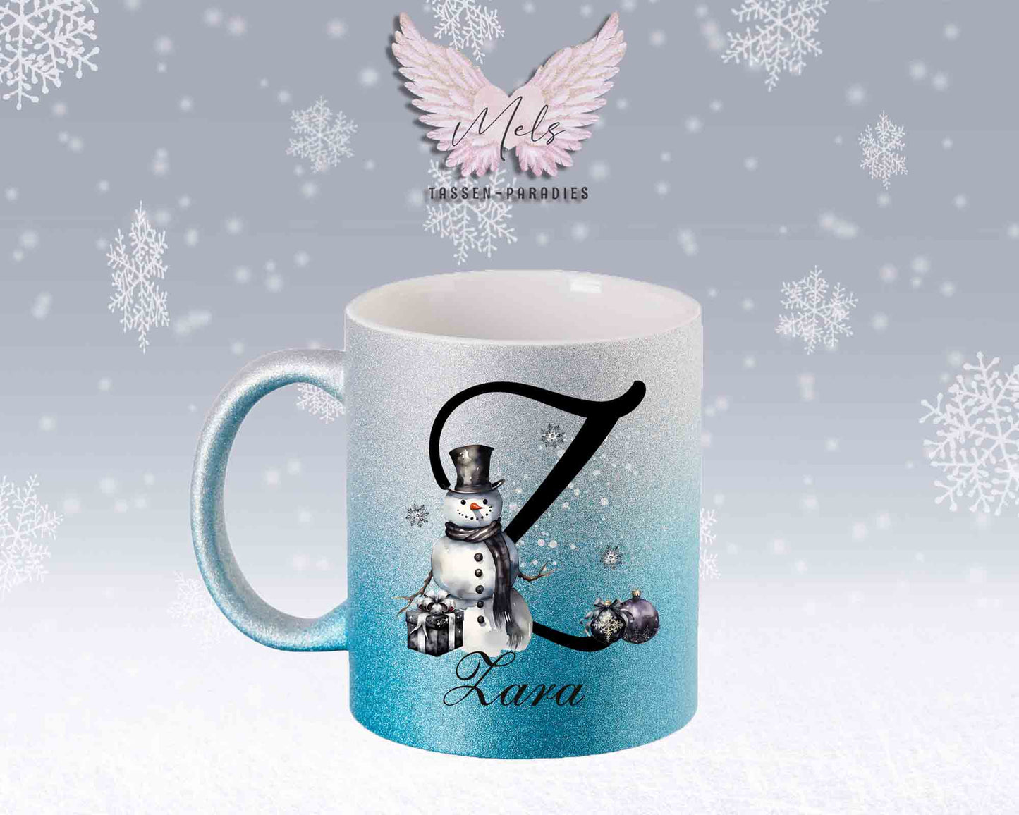 Schneemann Black-Alphabet mit Name - Personalisierte Glitter-Tasse SilberBlau