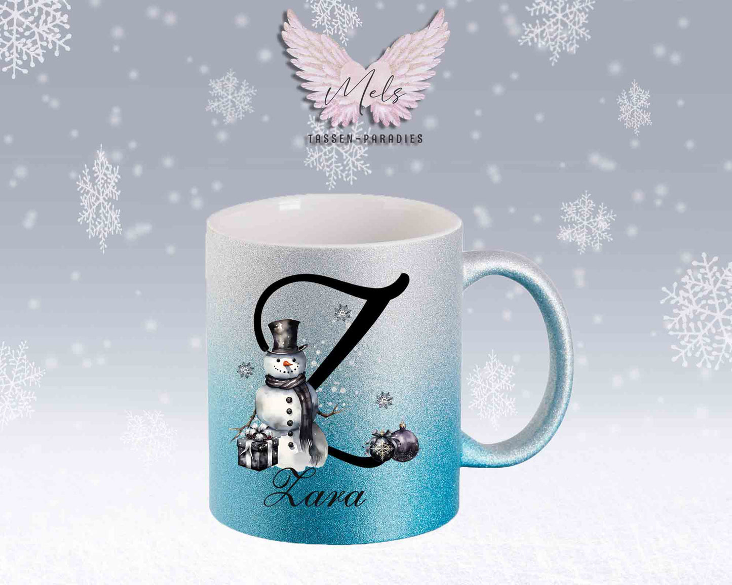 Schneemann Black-Alphabet mit Name - Personalisierte Glitter-Tasse SilberBlau