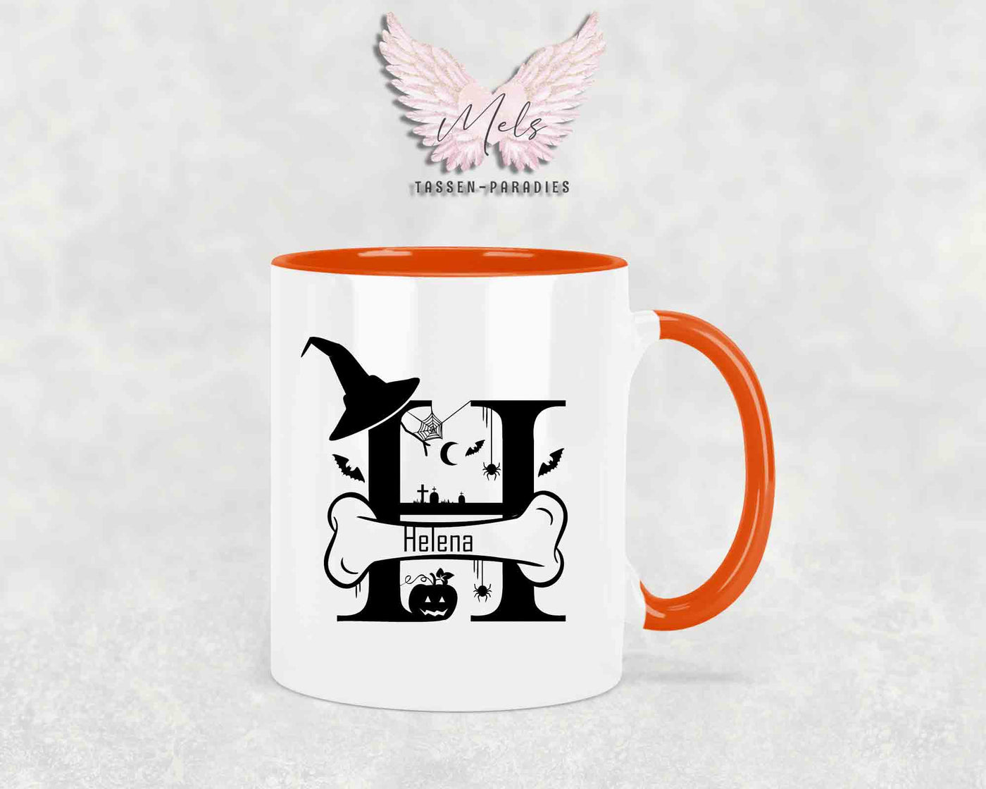 Halloween-Alphabet mit Name - Personalisierte Keramik-Tasse Orange