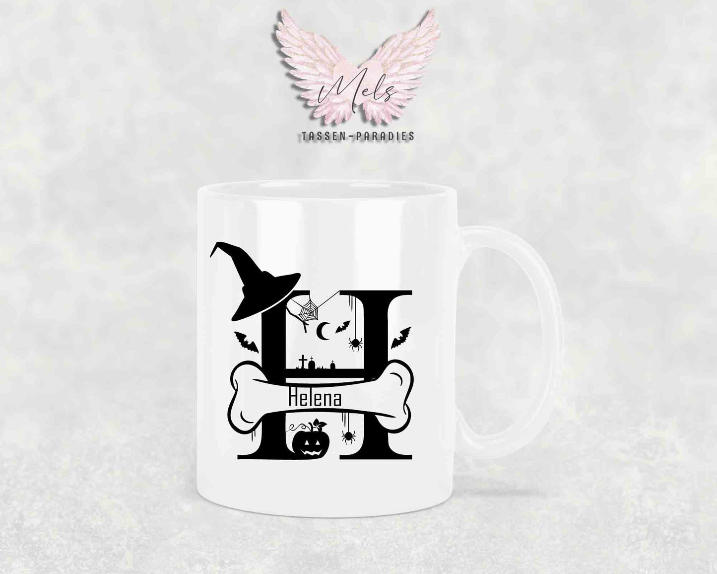 Halloween-Alphabet mit Name - Personalisierte Keramik-Tasse Weiß