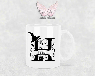 Halloween-Alphabet mit Name - Personalisierte Keramik-Tasse Weiß