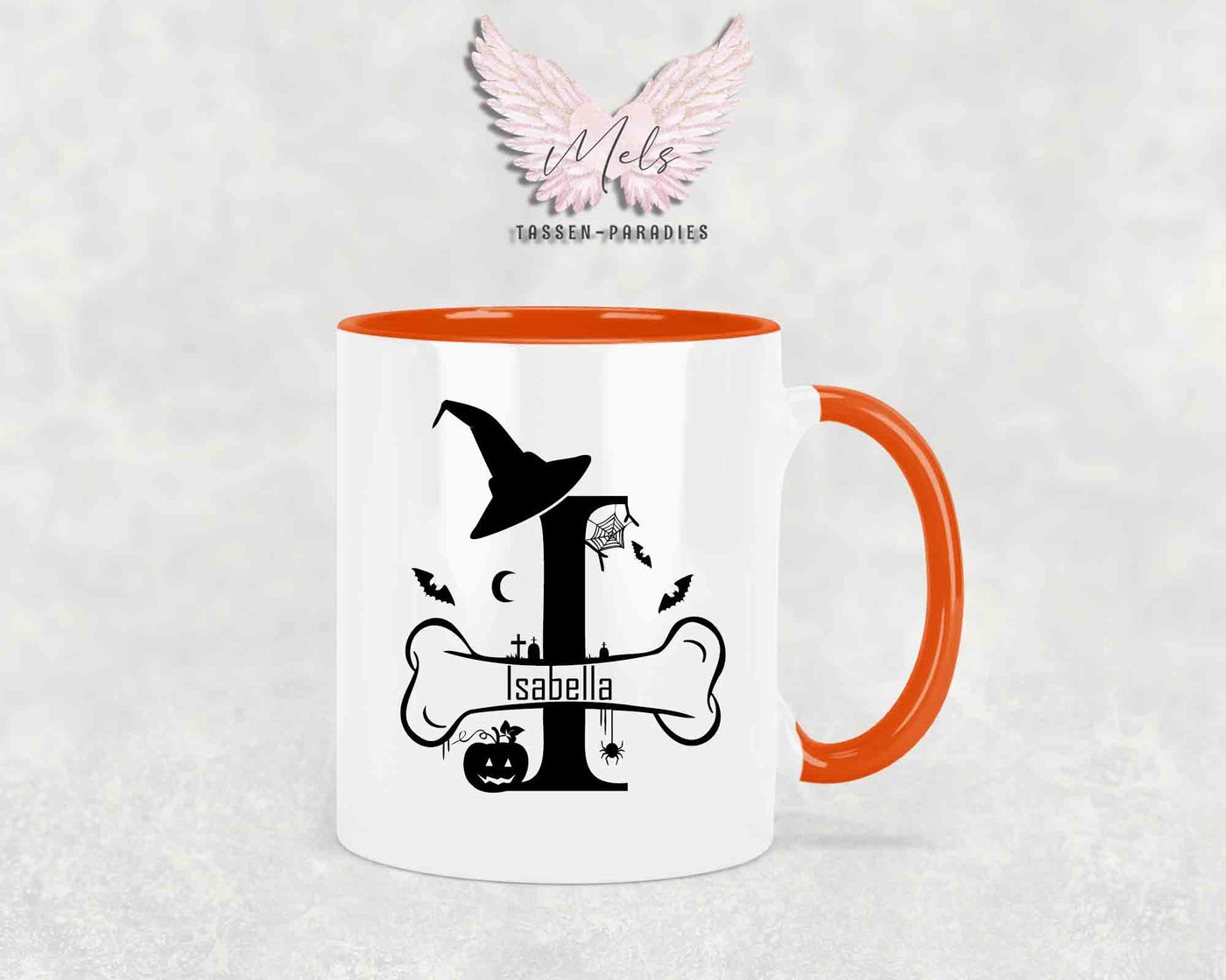 Halloween-Alphabet mit Name - Personalisierte Keramik-Tasse Orange