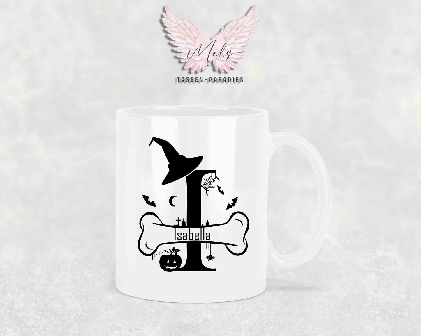 Halloween-Alphabet mit Name - Personalisierte Keramik-Tasse Weiß