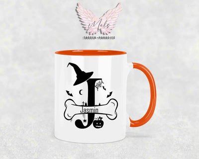 Halloween-Alphabet mit Name - Personalisierte Keramik-Tasse Orange