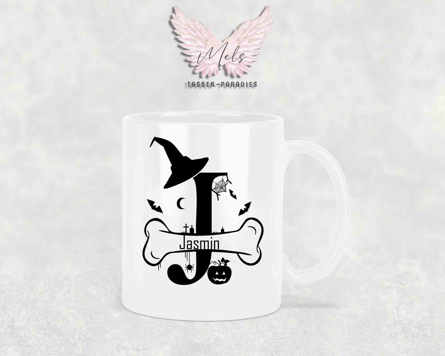 Halloween-Alphabet mit Name - Personalisierte Keramik-Tasse Weiß