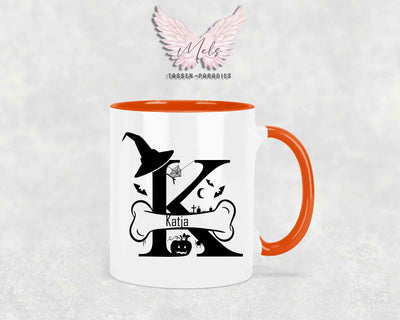 Halloween-Alphabet mit Name - Personalisierte Keramik-Tasse Orange