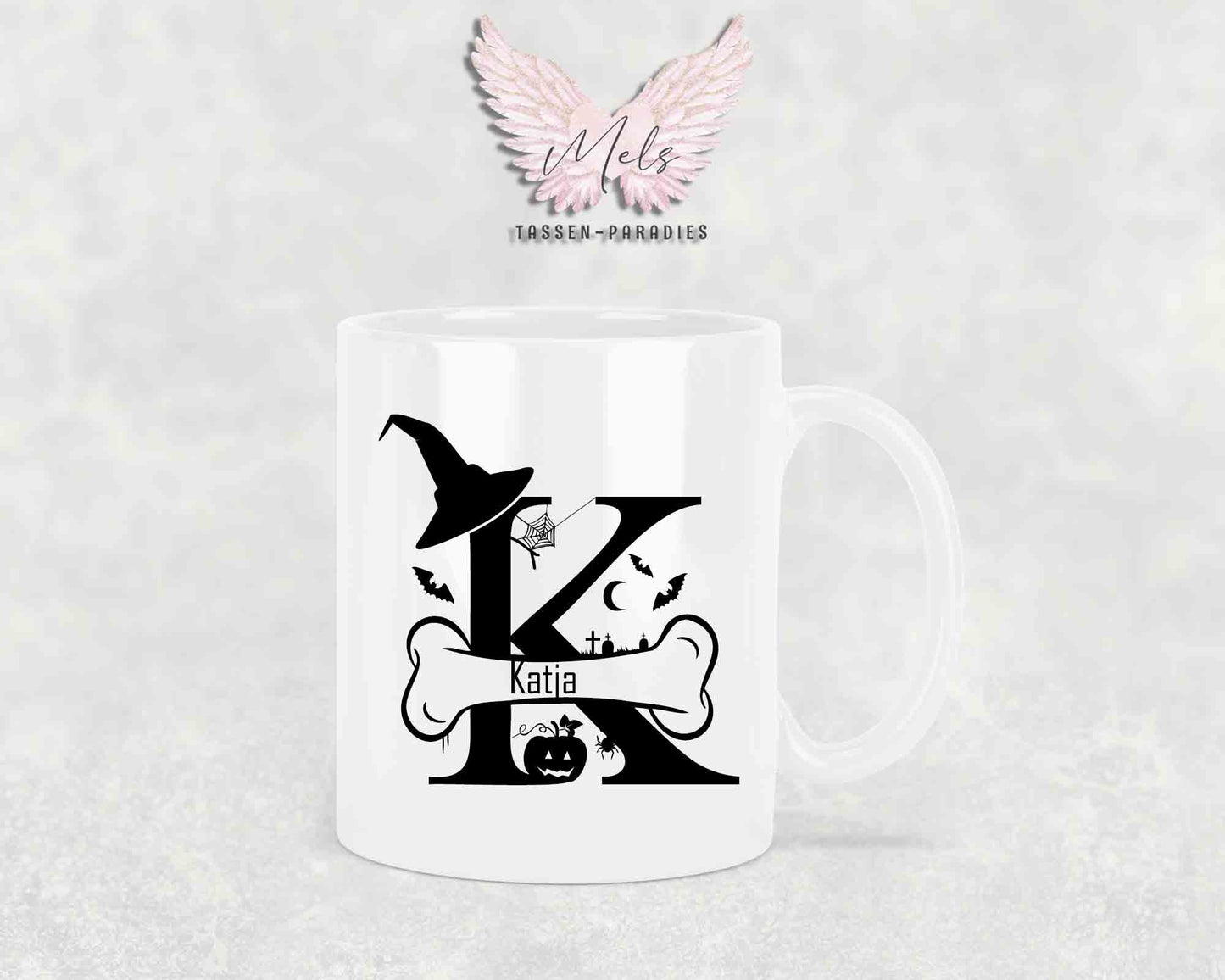 Halloween-Alphabet mit Name - Personalisierte Keramik-Tasse Weiß