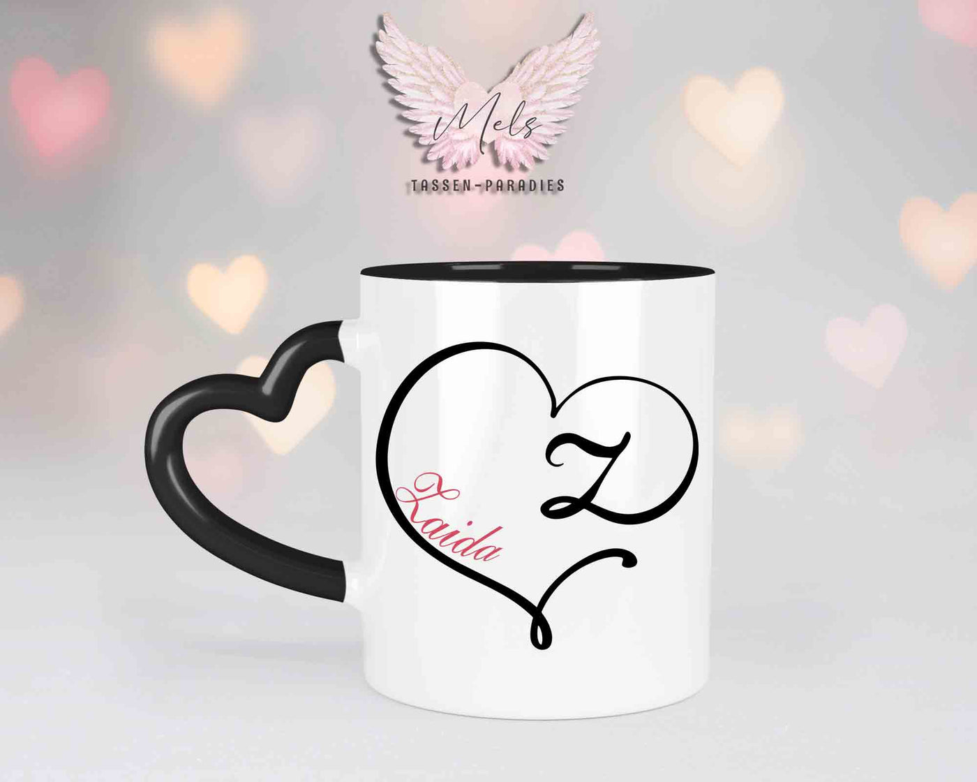 Alphabet mit Name - Personalisierte Herz-Keramik-Tasse Schwarz