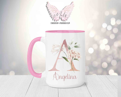 Blumen-Alphabet mit Name - Personalisierte 15oz Keramik-Tasse Rosa