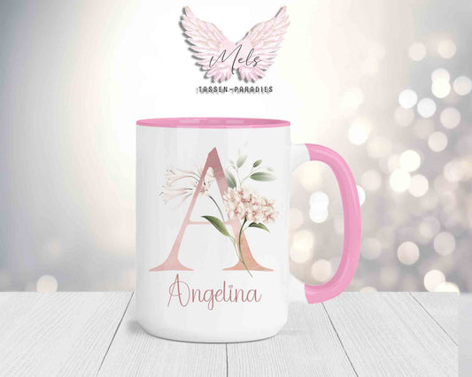 Blumen-Alphabet mit Name - Personalisierte 15oz Keramik-Tasse Rosa