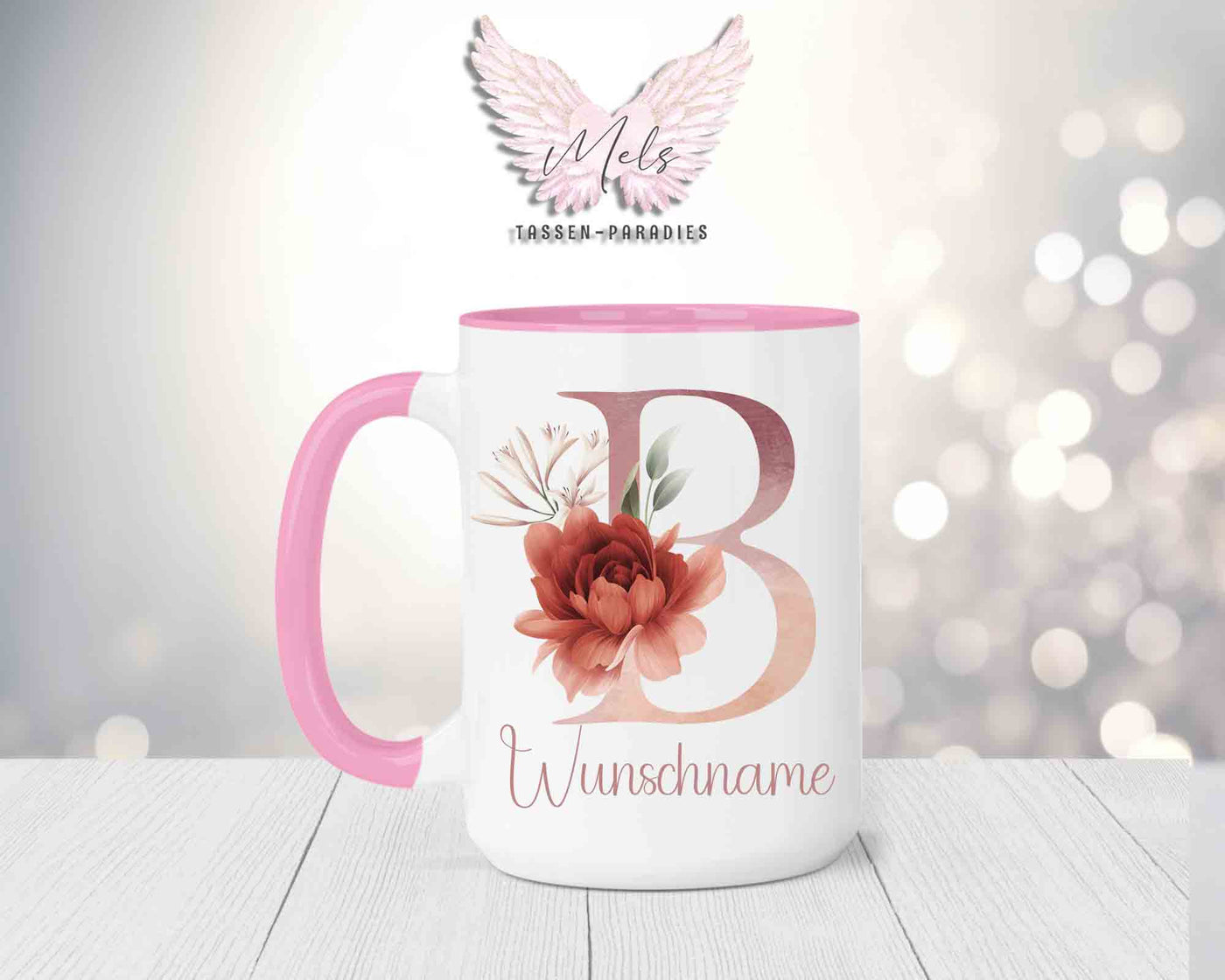 Blumen-Alphabet mit Name - Personalisierte 15oz Keramik-Tasse Rosa