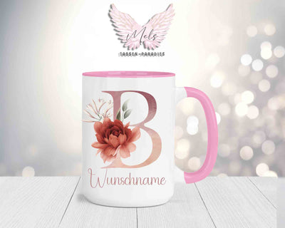 Blumen-Alphabet mit Name - Personalisierte 15oz Keramik-Tasse Rosa