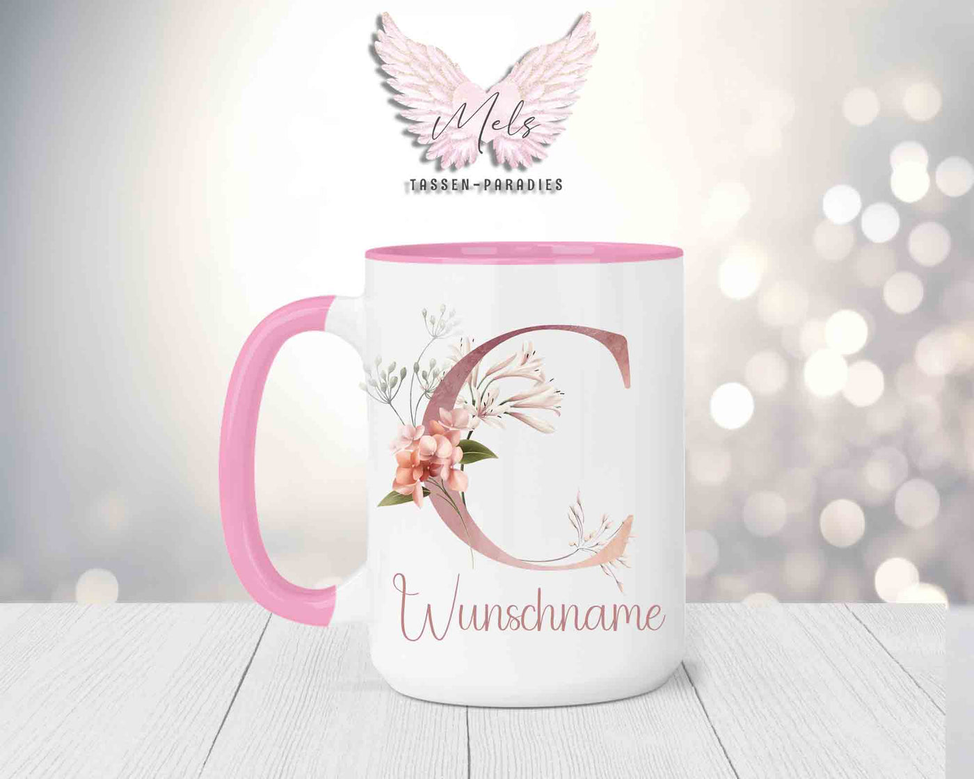 Blumen-Alphabet mit Name - Personalisierte 15oz Keramik-Tasse Rosa