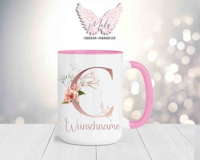 Blumen-Alphabet mit Name - Personalisierte 15oz Keramik-Tasse Rosa