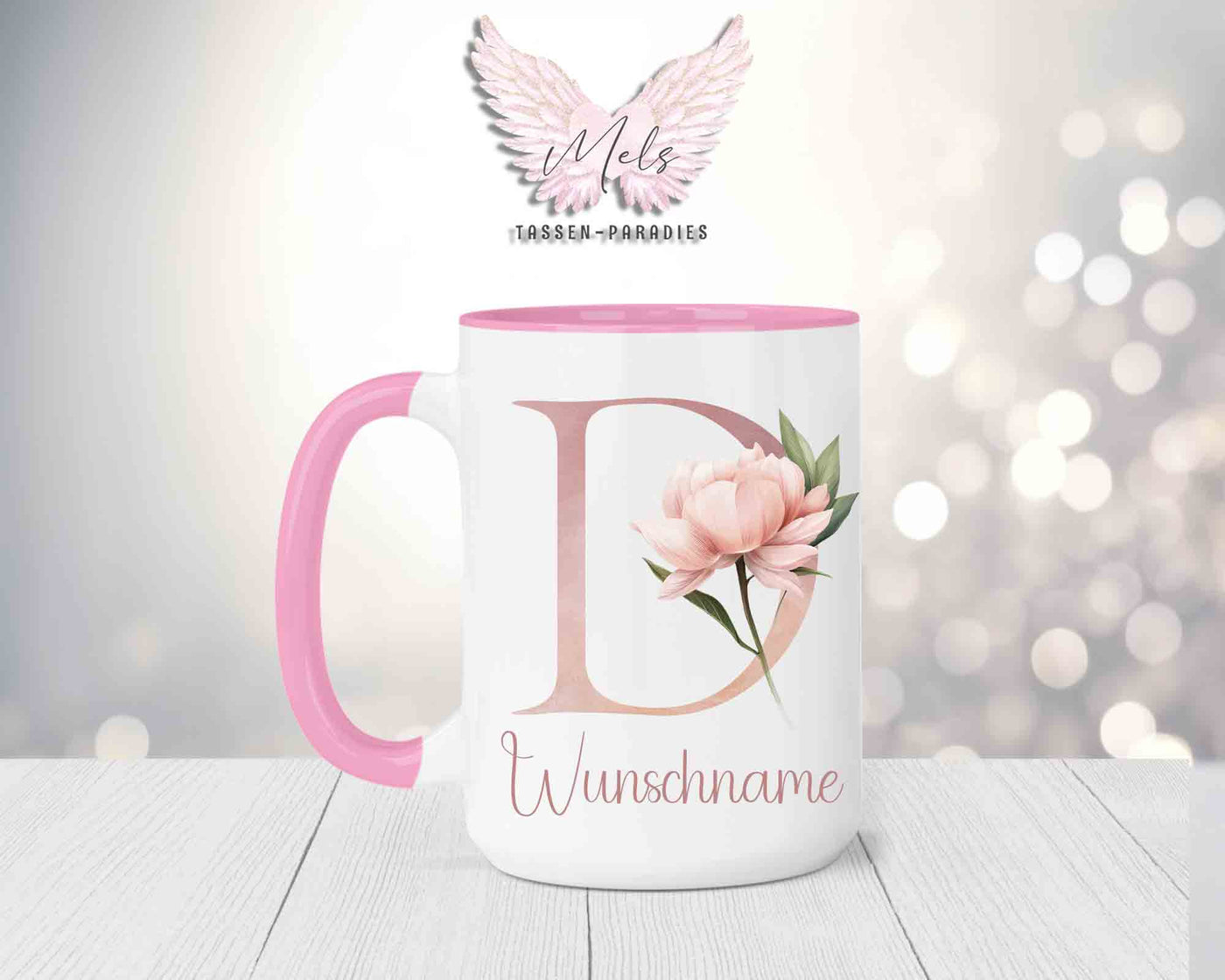 Blumen-Alphabet mit Name - Personalisierte 15oz Keramik-Tasse Rosa