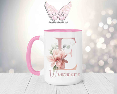 Blumen-Alphabet mit Name - Personalisierte 15oz Keramik-Tasse Rosa