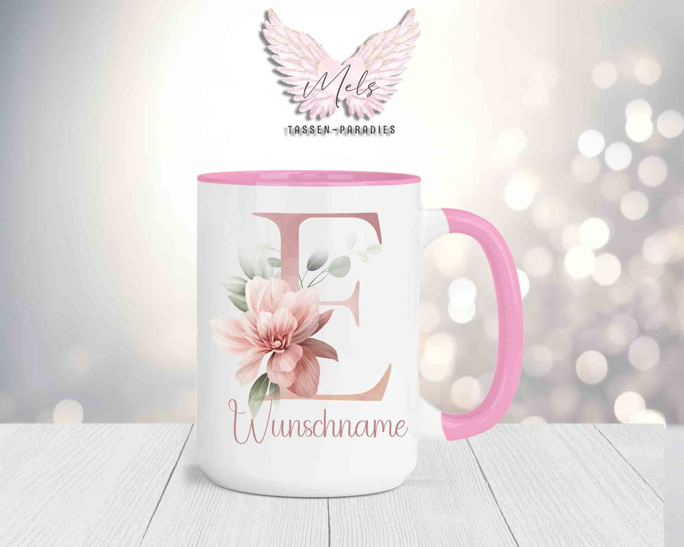 Blumen-Alphabet mit Name - Personalisierte 15oz Keramik-Tasse Rosa