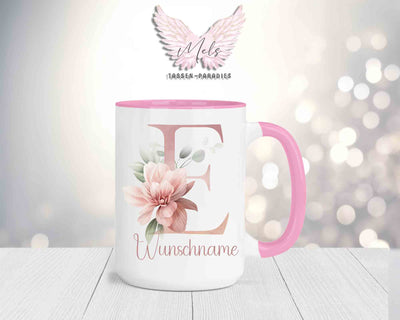 Blumen-Alphabet mit Name - Personalisierte 15oz Keramik-Tasse Rosa
