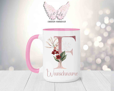 Blumen-Alphabet mit Name - Personalisierte 15oz Keramik-Tasse Rosa