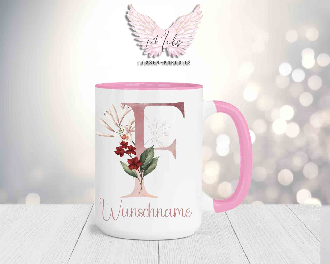 Blumen-Alphabet mit Name - Personalisierte 15oz Keramik-Tasse Rosa