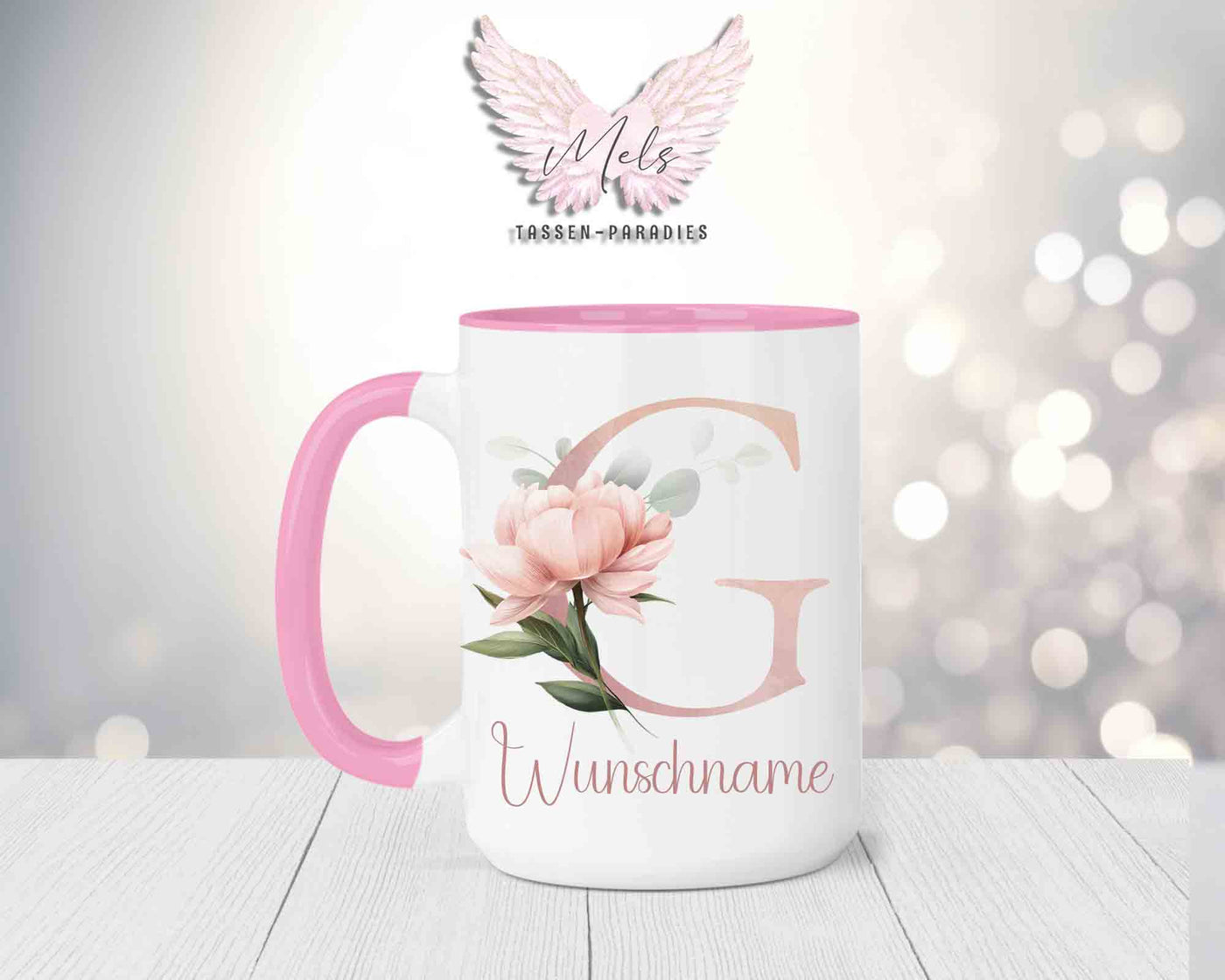Blumen-Alphabet mit Name - Personalisierte 15oz Keramik-Tasse Rosa