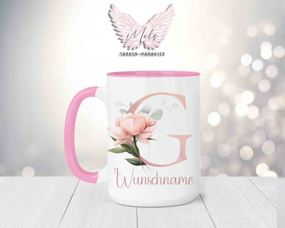 Blumen-Alphabet mit Name - Personalisierte 15oz Keramik-Tasse Rosa