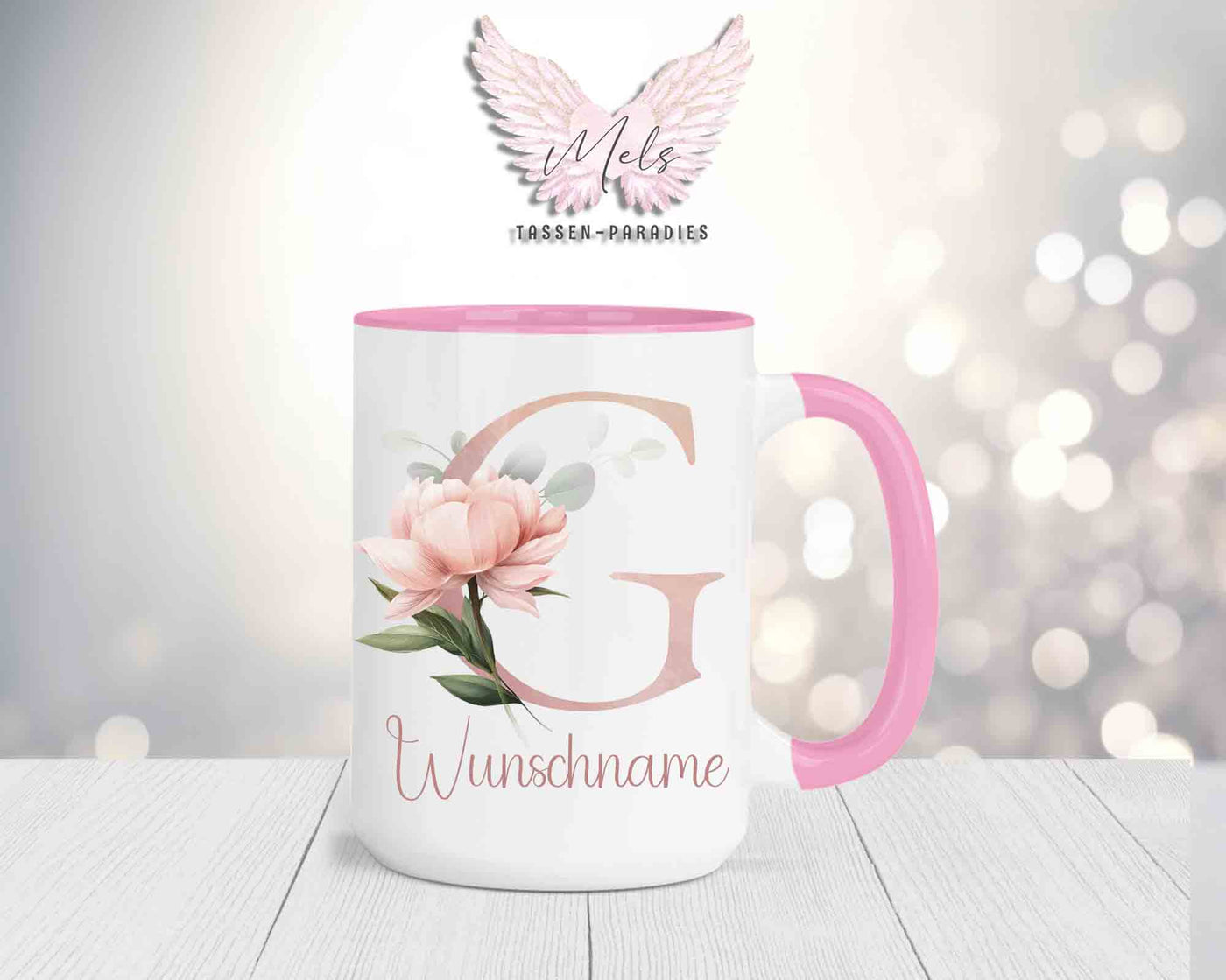 Blumen-Alphabet mit Name - Personalisierte 15oz Keramik-Tasse Rosa
