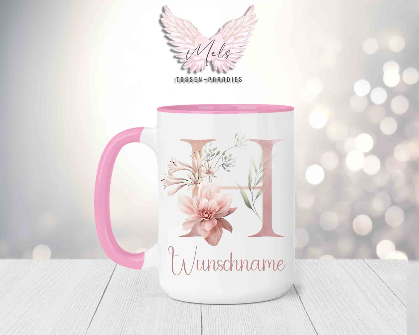 Blumen-Alphabet mit Name - Personalisierte 15oz Keramik-Tasse Rosa