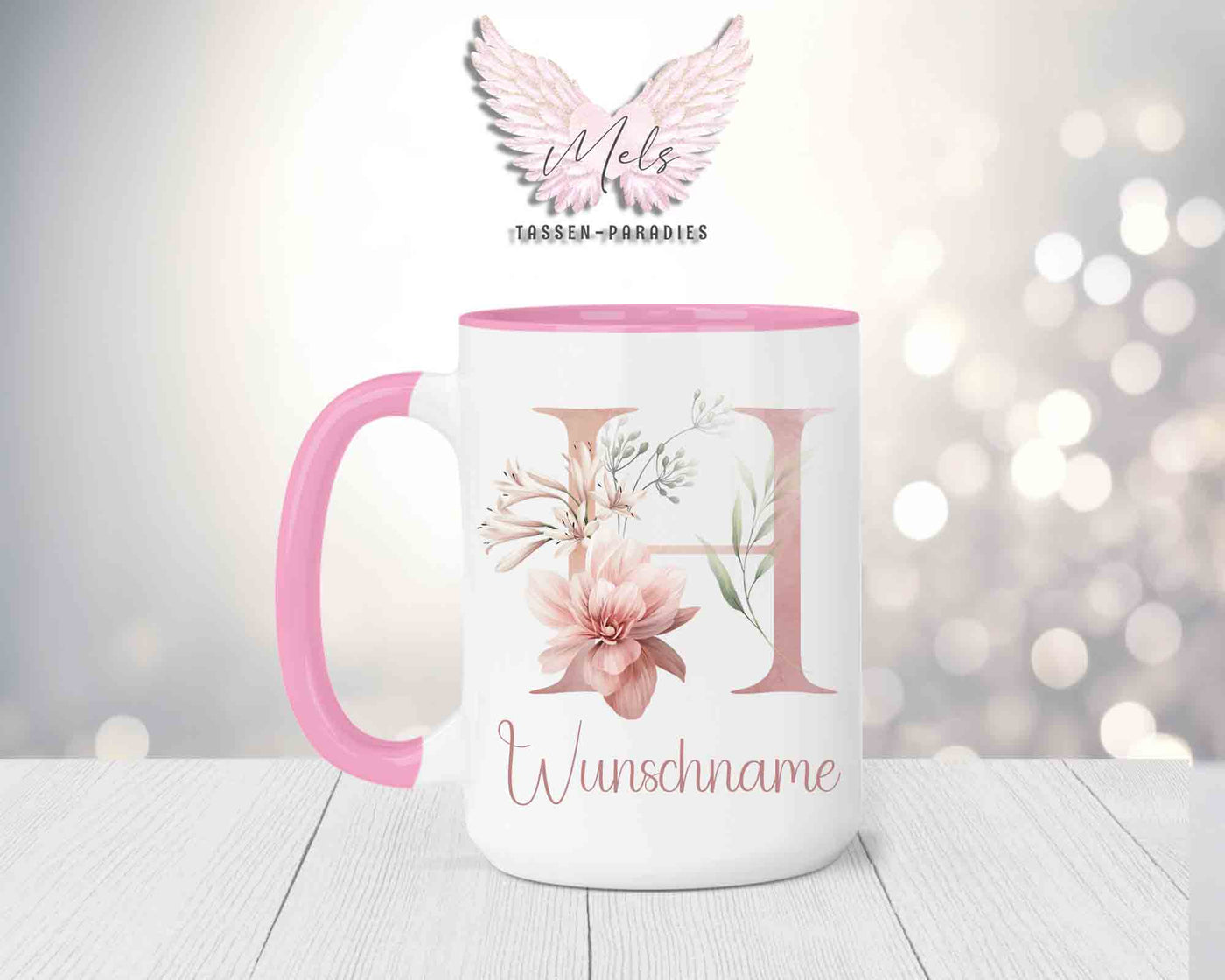 Blumen-Alphabet mit Name - Personalisierte 15oz Keramik-Tasse Rosa