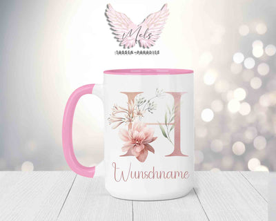 Blumen-Alphabet mit Name - Personalisierte 15oz Keramik-Tasse Rosa
