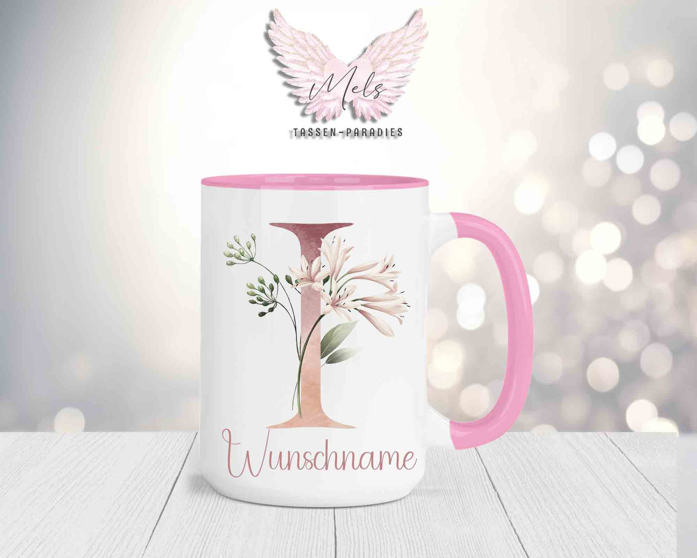 Blumen-Alphabet mit Name - Personalisierte 15oz Keramik-Tasse Rosa