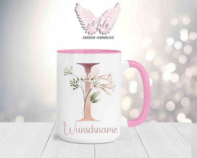 Blumen-Alphabet mit Name - Personalisierte 15oz Keramik-Tasse Rosa