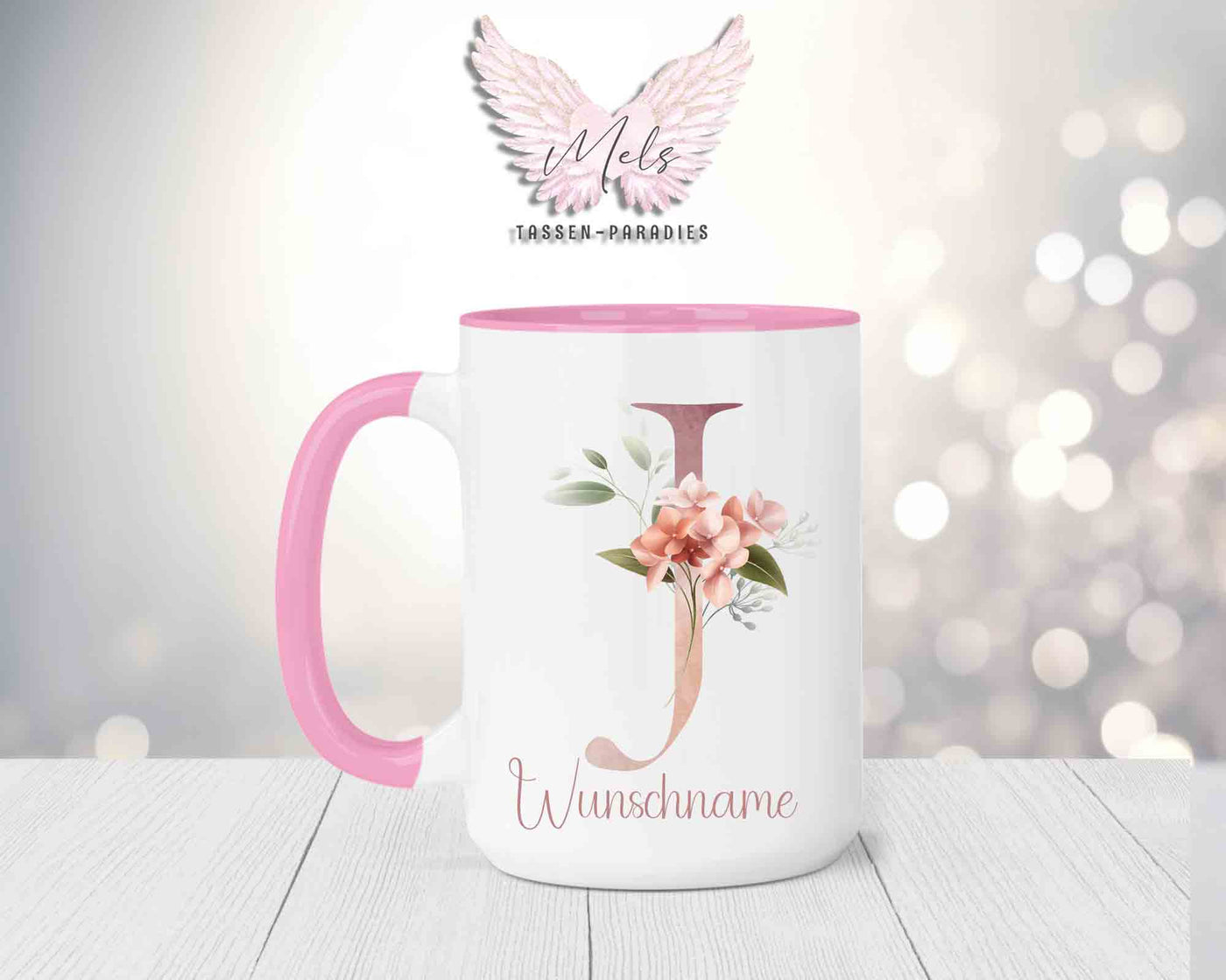 Blumen-Alphabet mit Name - Personalisierte 15oz Keramik-Tasse Rosa