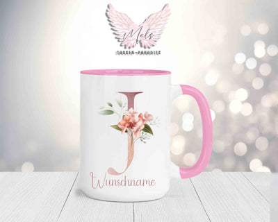 Blumen-Alphabet mit Name - Personalisierte 15oz Keramik-Tasse Rosa