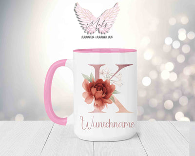 Blumen-Alphabet mit Name - Personalisierte 15oz Keramik-Tasse Rosa