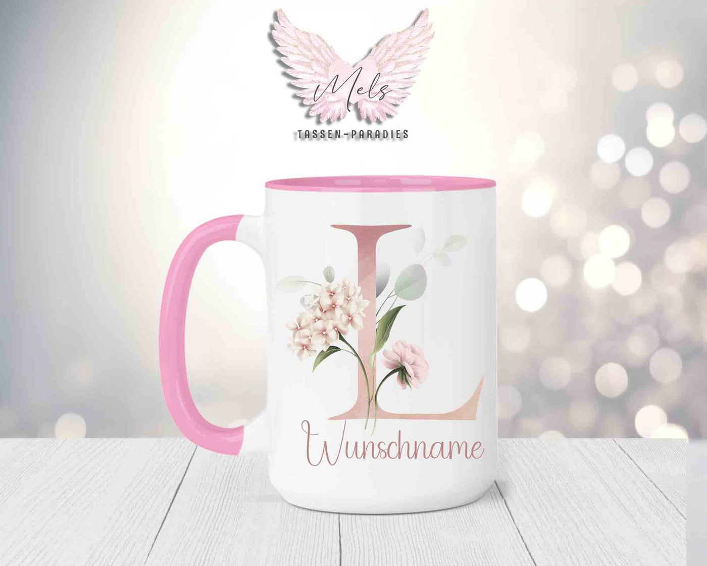 Blumen-Alphabet mit Name - Personalisierte 15oz Keramik-Tasse Rosa