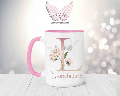 Blumen-Alphabet mit Name - Personalisierte 15oz Keramik-Tasse Rosa
