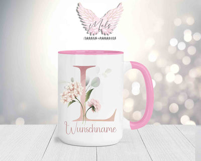 Blumen-Alphabet mit Name - Personalisierte 15oz Keramik-Tasse Rosa