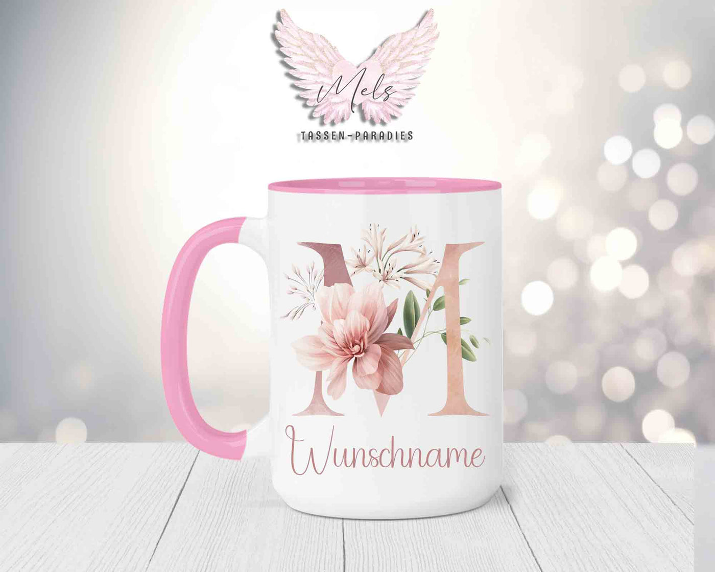 Blumen-Alphabet mit Name - Personalisierte 15oz Keramik-Tasse Rosa