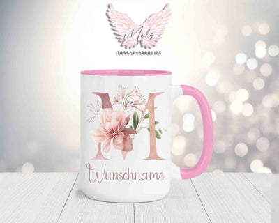 Blumen-Alphabet mit Name - Personalisierte 15oz Keramik-Tasse Rosa